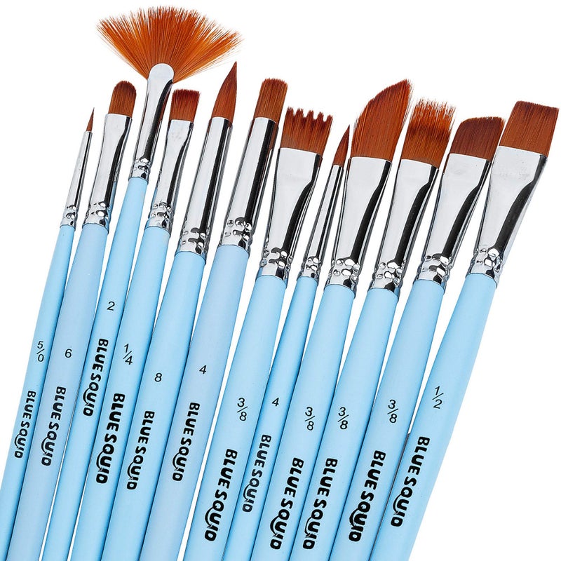 Blue Squid Watercolor Paint Brushes Set of 12 - Professional Artist Brush Set with Soft Synthetic Nylon Bristles - Art Brushes Ideal for Watercolor, Acrylic, Face & Body Painting for Kids to Adults - Image 1